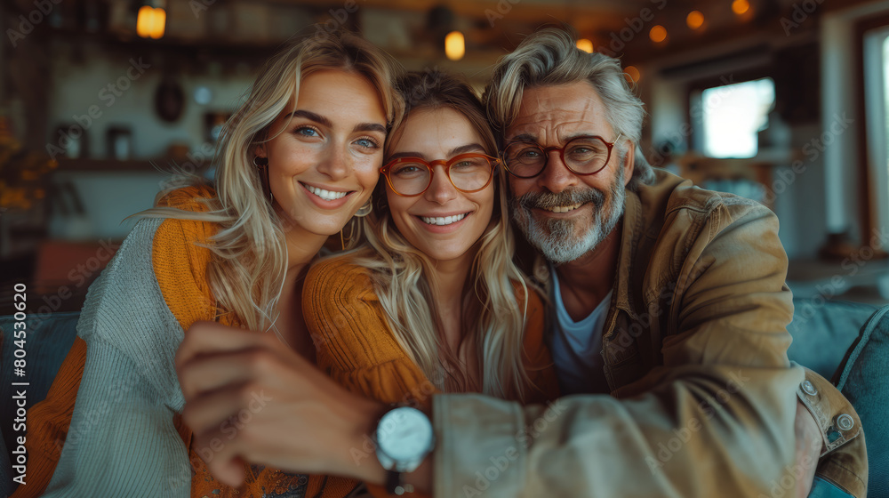 Cheerful Senior Dad, Daughter, and Young Adult Granddaughter Enjoying Time Together Indoors Cheerful Senior Dad, Daughter, and Young Adult Granddaughter Enjoying Time Together Indoors