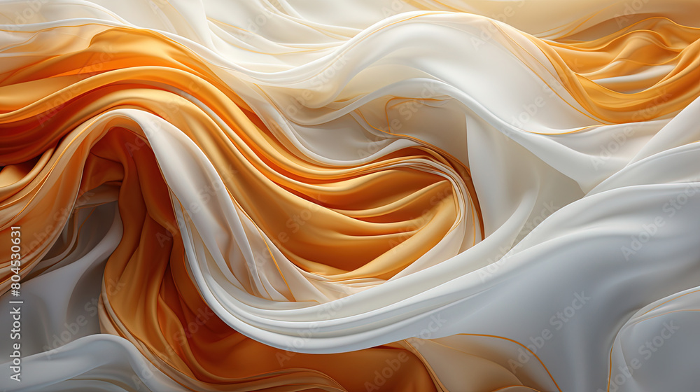 Obraz premium Fluttering White and Golden Color Fabric in Space With Delicate Folds on Blurry Background