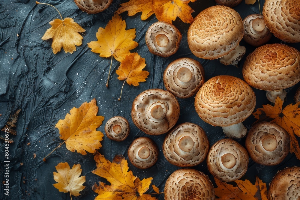 A textured display of various mushrooms set among vivid autumn leaves, symbolizing nature's seasonal bounty A textured display of various mushrooms set among vivid autumn leaves, symbolizing nature's seasonal bounty