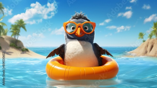 Charming 3D illustration of a cute penguin wearing a colorful swimsuit, standing on a sunny beach with a small inflatable ring around its waist photo