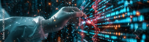 Genetic engineer editing animal DNA on a digital interface, neon accents, cuttingedge lab