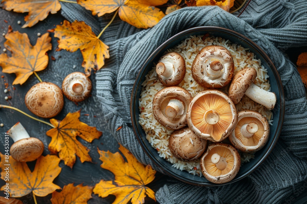 Stylish bowl filled with mushrooms on a bed of rice garnished with autumn leaves, showcasing organic ingredients Stylish bowl filled with mushrooms on a bed of rice garnished with autumn leaves, showcasing organic ingredients