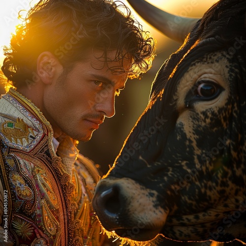 Bullfighter in traditional attire facing a bull, warm sunset light, intense eye contact photo