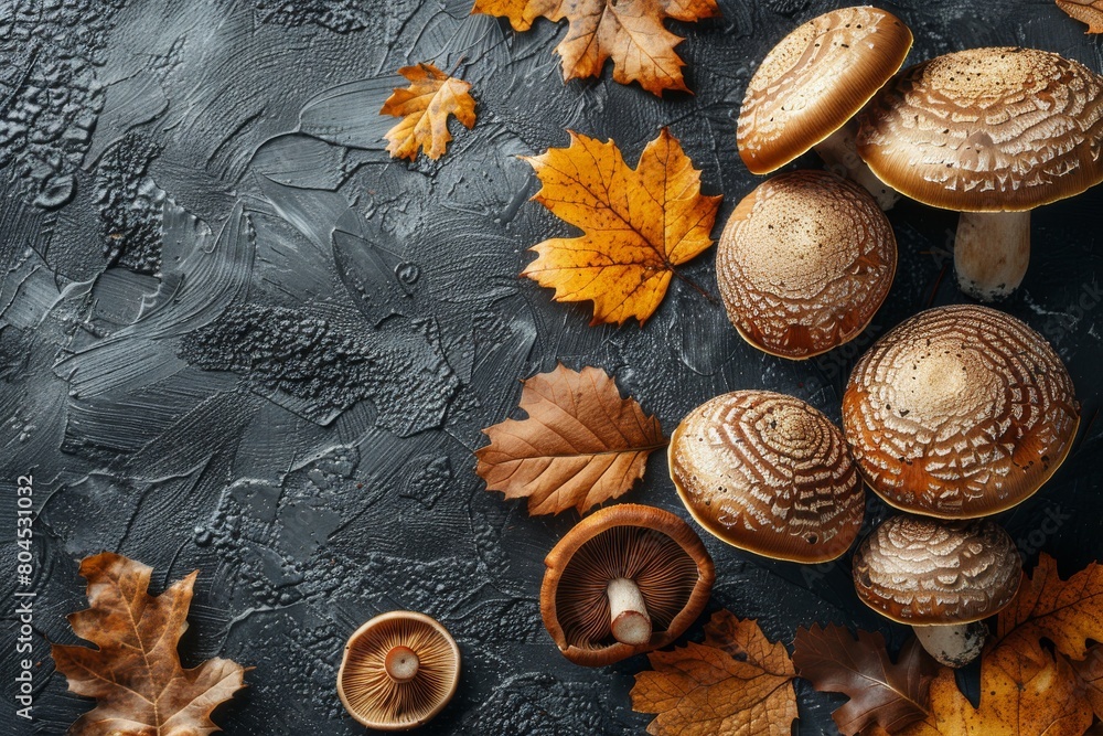 A captivating arrangement of mushrooms with water droplets among scattered fall leaves on a dark background A captivating arrangement of mushrooms with water droplets among scattered fall leaves on a dark background