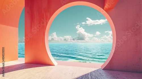 The geometric form of a summer landscape scene dominated by the ocean. 3D rendering of the ocean beach view.
