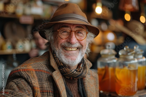 Elderly man with glasses and a warm smile  casually dressed in a caf   setting