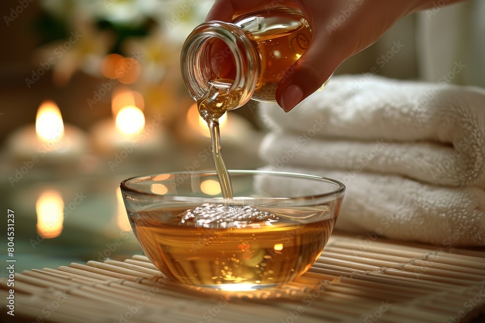 Hand pouring essential oil into a bowl, with towels and candles creating a serene spa atmosphere Hand pouring essential oil into a bowl, with towels and candles creating a serene spa atmosphere
