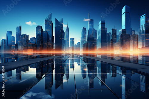 Modern skyscrapers of a smart city  futuristic financial district  graphic perspective of buildings and reflections - Architectural blue background for corporate and business brochure template