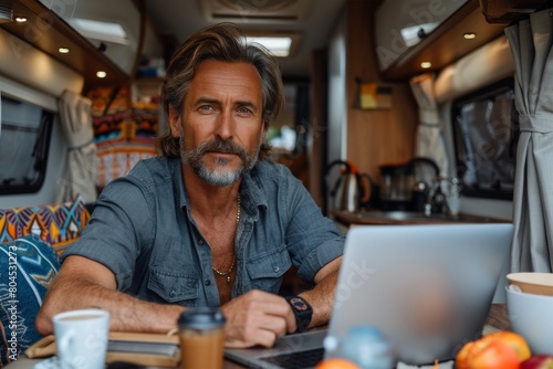 A seasoned man appears to be focused on work in his well-equipped and comfortable recreational vehicle photo
