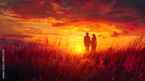 Enchanting Twilight Romance: Silhouetted Couple in Vibrant Sunset Landscape