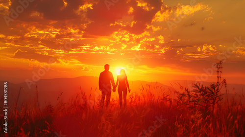 Enchanting Romance  Couple Silhouetted in Vibrant Sunset Landscape - Warm Twilight Hues Illuminate Love