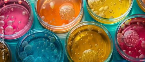 Ultra closeup of a petri dish with growing bacteria cultures, colored with vibrant dyes to enhance the textures