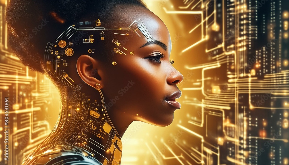 AI cyber security threat illustration, black african american female IT specialist analysingk AI cyber security threat illustration, black african american female IT specialist analysingk