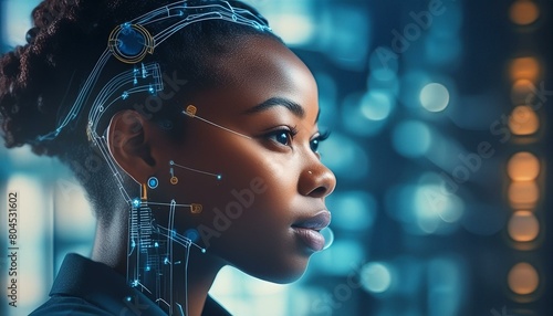 AI cyber security threat illustration, black african american female IT specialist analysingk