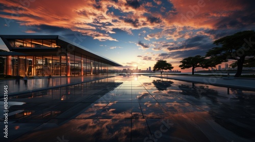 Wallpaper Mural Stunning Sunset at a Modern Glass Building with Reflective Cement Floor Torontodigital.ca