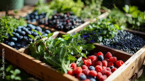 A closeup shot of a tray of freshly picked herbs and fruits used for making healing remedies at a mens retreat. photo