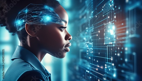 AI cyber security threat illustration, black african american female IT specialist analysingk