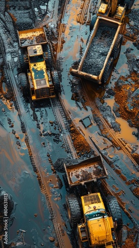 The image shows three yellow dump trucks driving on a muddy road. The trucks are all carrying large loads of dirt. The background of the image is a large open pit mine. © ปรัชญา ตอพรม ตอพรม