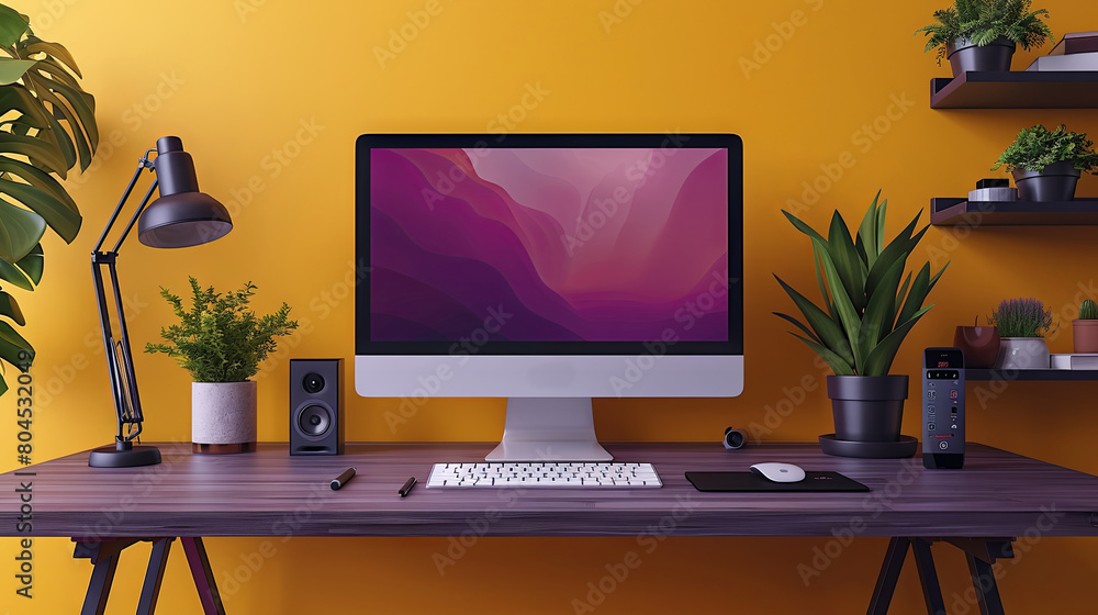 Fototapeta premium Stylish Home Office Setup With Modern Computer and Colorful Decor
