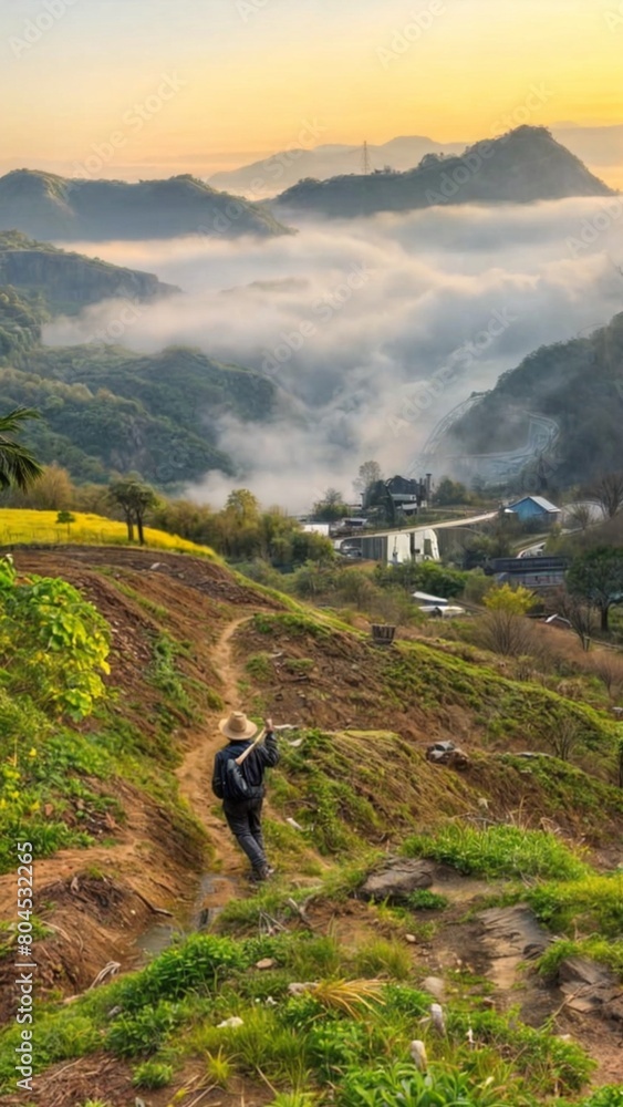 The image shows a person walking on a trail in a foggy valley. It depicts a serene outdoor landscape with grassy fields, hills, and fog covering the area. The scene captures a peaceful and rural setti