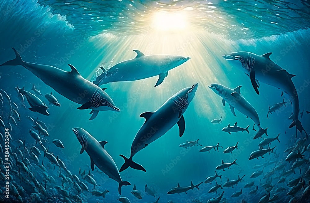 dolphins swim in the sea. Generative AI, dolphins swim in the sea. Generative AI,