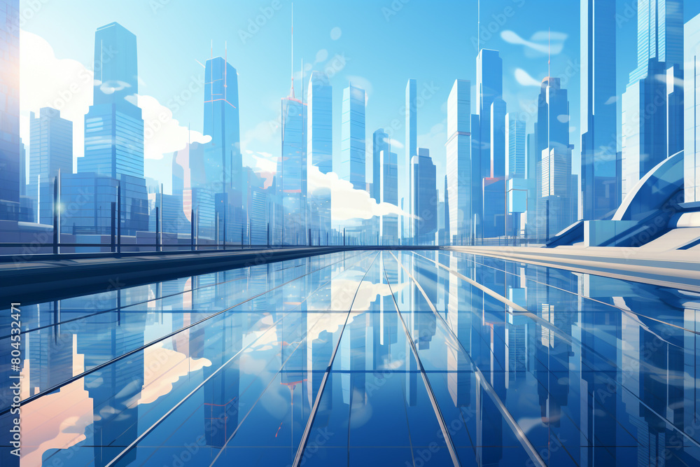 Modern skyscrapers of a smart city, futuristic financial district, graphic perspective of buildings and reflections - Architectural blue background for corporate and business brochure template Modern skyscrapers of a smart city, futuristic financial district, graphic perspective of buildings and reflections - Architectural blue background for corporate and business brochure template