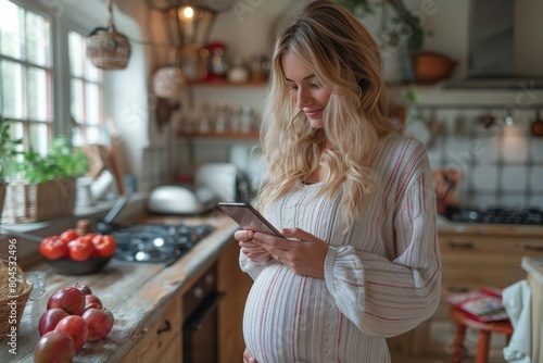 Expecting mother in striped dress holds a phone while standing by the kitchen counter near a stove and fruits