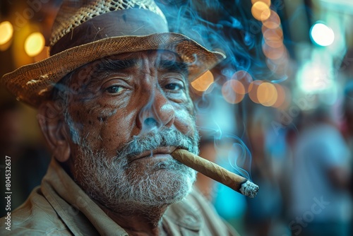 The image captures a man in a straw hat enjoying a cigar, surrounded by intriguing bokeh lights and smoke photo