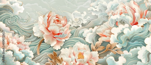Peony flower and hand-drawn Chinese cloud decorations in vintage style. Crane birds element with art abstract banner design.