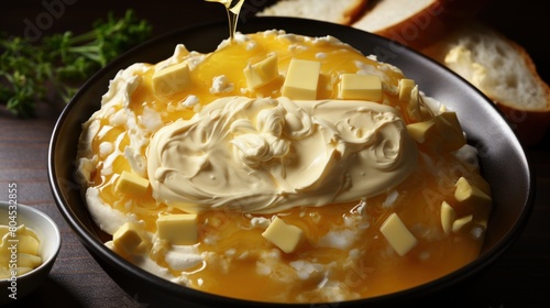 Close-Up of Creamy Butter and Melted Cheese on Cottage Cheese in a Ceramic Bowl