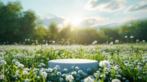 Fototapeta Naklejka Na Ścianę i Meble -  Sunlit podium in a spring meadow, perfect for natural beauty and organic products