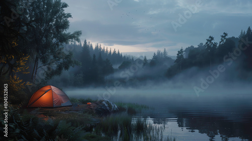 Illustrate the balance of solitude and vulnerability of a camper by a serene lake at dusk
