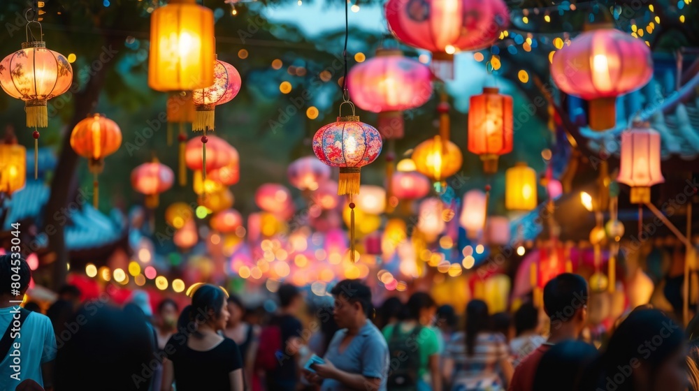 Crowd of individuals walking down a street lined with numerous lanterns.