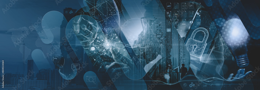 AI-powered business networking Business Intelligence Data analysis of financial and banking digital marketing, Technology and global business background.