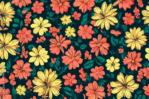 Floral background with colorful cartoon flowers, retro style illustration