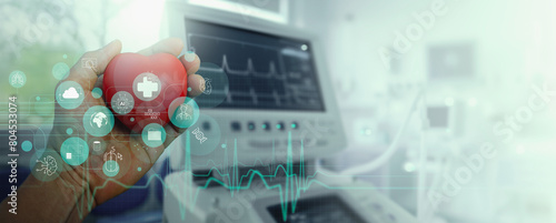 Obraz na płótnie Heart Check up by AI-powered ECG analysis, Risk assessment, Early detection, Hand holding Virtual hearth in medical hospital lab monitor background. w salonie