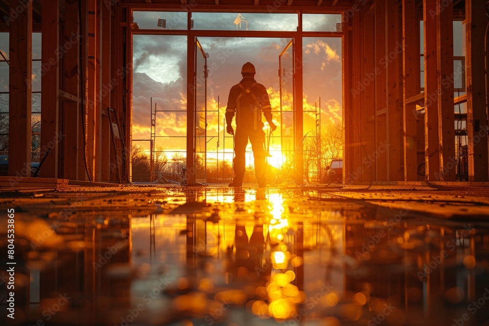 Construction workers building a house at sunrise Construction workers building a house at sunrise