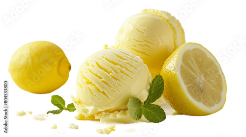 Fresh lemon sherbet ice cream on transparent background, a cool and refreshing summer treat, perfect for indulgence and culinary delight in vibrant yellow hue.
