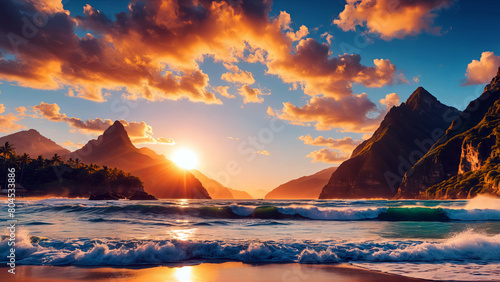 Aerial view of a picturesque place somewhere in Asia, stunning mountains, green slopes, coastline with rocks and crystal clear water. View of the beautiful coastline