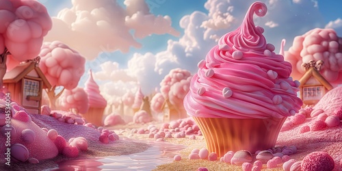 A candy and sweet themed fantasy world with attractive and bright multi-colored buildings and plants. Full of joy and happiness