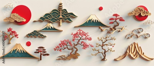 Icon modern of Japanese traditional symbols and logos. Geometric design logo elements. Vintage gold decoration on antique object elements. Fuji mountain, cherry blossom flower, bonsai, bamboo, cloud, photo