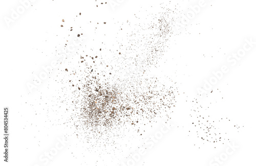 Dirt scattered, soil pile flying isolated on white background, top view