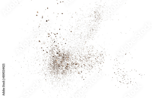 Foto Dirt scattered, soil pile flying isolated on white background, top view