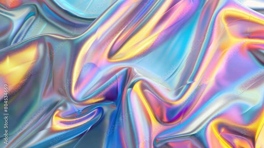 An abstract holographic cloth background with iridescent flecks. Rendering in 3D.