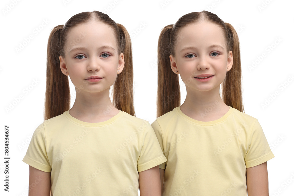 Portrait of cute twin sisters on white background Portrait of cute twin sisters on white background