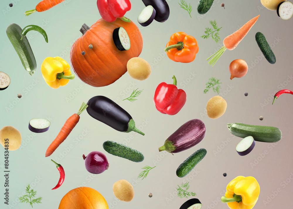 Different fresh vegetables in air on color gradient background Different fresh vegetables in air on color gradient background