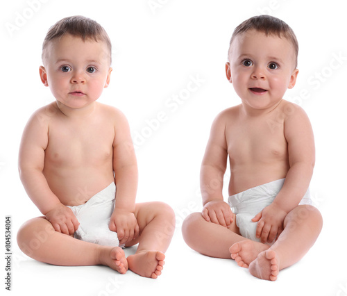 Portrait of cute twin babies on white background