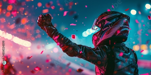 Racer celebrating victory in the race against background of bright stadium lights and confetti