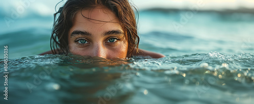 Portrait of a beautiful sexy woman in the water. Beautiful young woman treading water in the ocean, barely staying afloat, face partially underwater photo