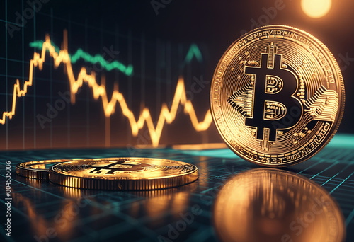 Bitcoins and crypto currency on the background of trading graphs 